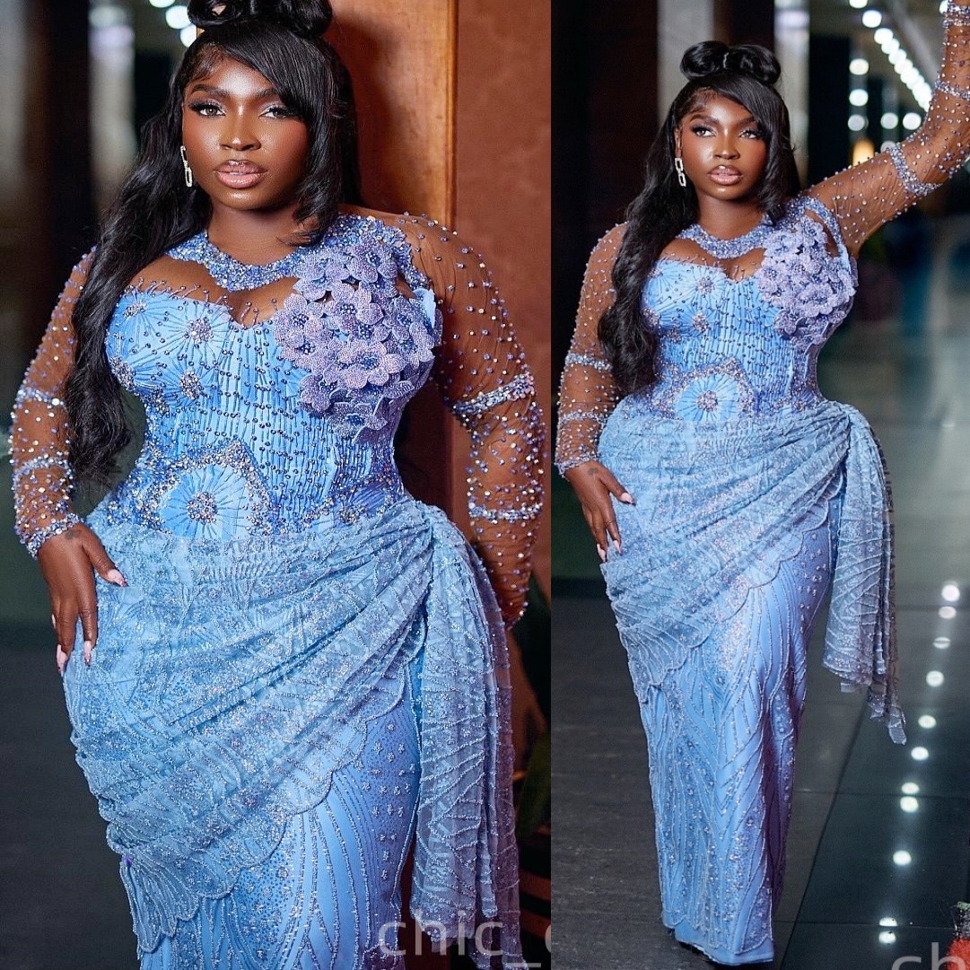 Sky Blue Sheath Prom Dresses 2025 Flowers Beaded Sequined Sparkly Evening Formal Party Second Birthday Engagement Gowns Plus Size Dress For Special Oc