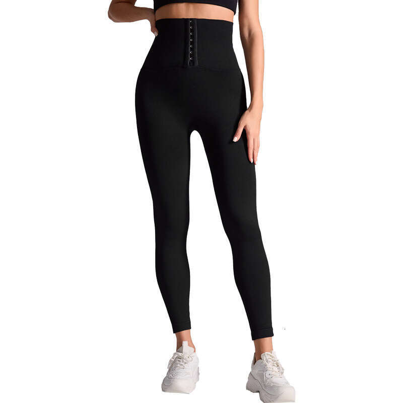 Seamless High-Waisted Buttoned Fitness Butt-Lifting Knitted Waist Trainer Sports Yoga Elastic Tummy Control Tight Pants for Women