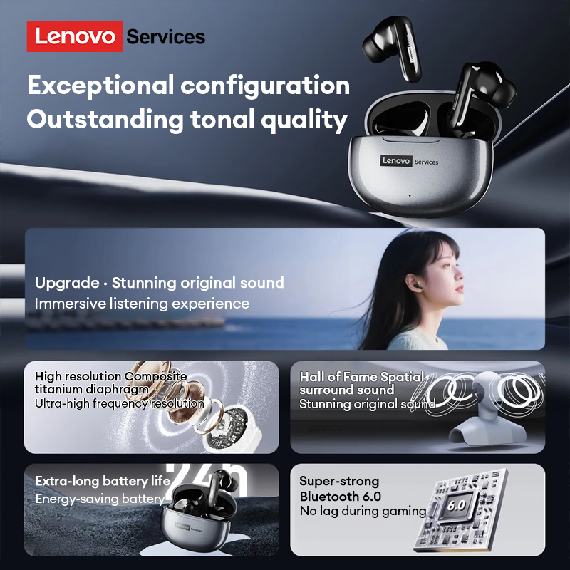 Original LenovoServices Wireless Bluetooth 6.0 Earphones Active Noise Canceling Headphone HIFI HD Call Low Latency Gaming Headset LE202