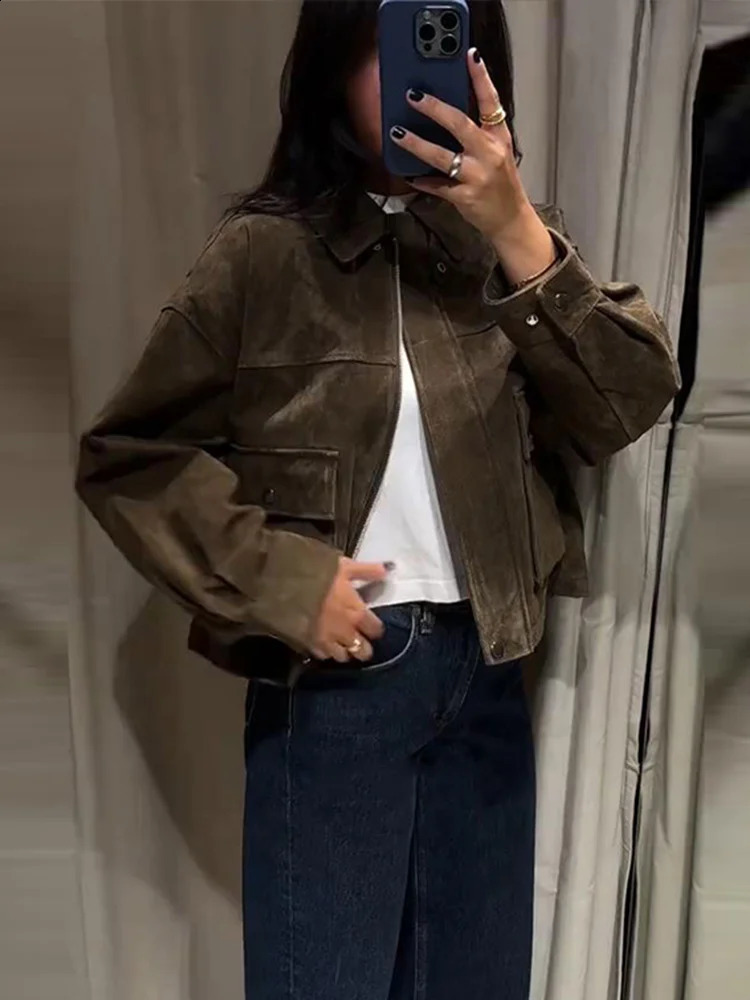 Elegant Suede Coats Women Turndown Collar Full Sleeve Zipper Pocket Jackets Autumn Winter Female Daily Casual Outerwear 250827