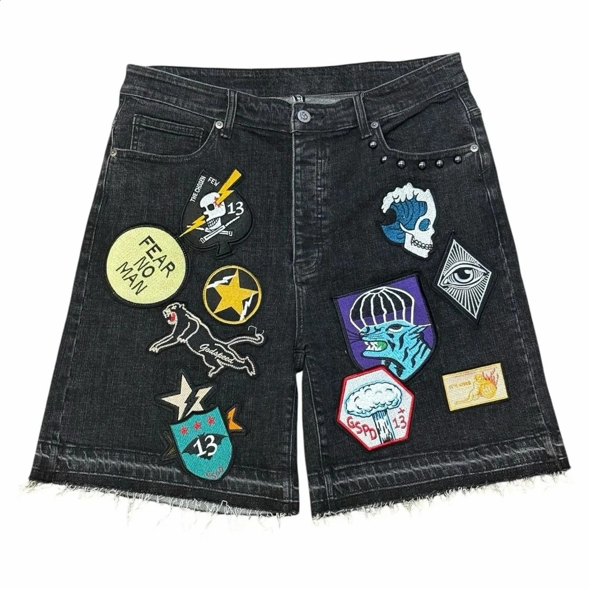 American Retro Y2k Shorts for Male with Patches Frayed Blue Denim Shorts Hip Hop Casual Loose Gothic Male and WoMale Denim Shorts 250827