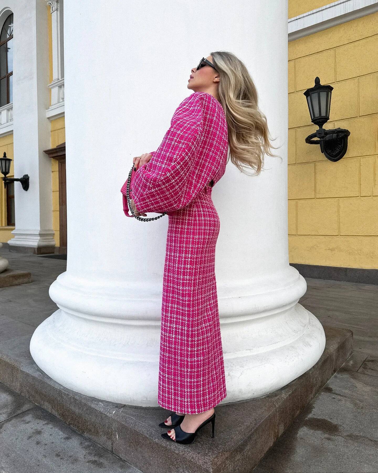 Fashion Grid Outfit Spring Women Single Breasted O Neck Coat+High Waist Straight Knee Length Skirt Autumn Two Piece Set dongdumaoyi