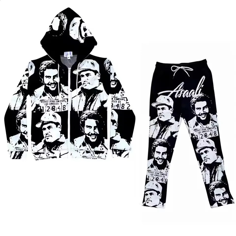 Streetwear Americana Portrait Graffit Hoodie Sweatpants Two Piece Set Y2K Mens Sportswear Oversized Sweatshirt Casual Pants Set 250827