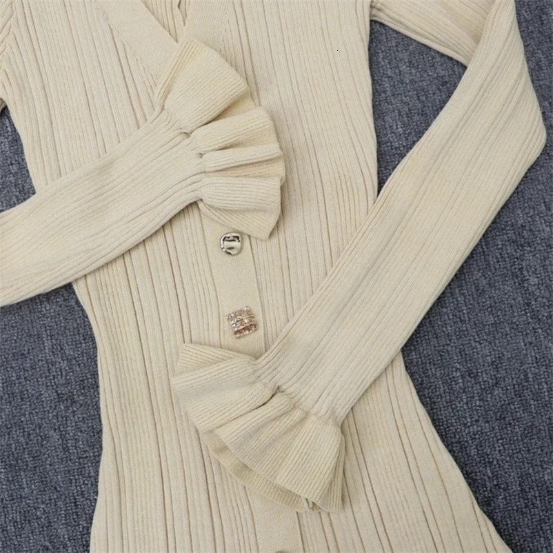 French Style WaistFitted Long Dress Womens Gold Line VNeck Gold Button SingleBreasted Knit Dress Arrival Autumn/Winter 2 250826
