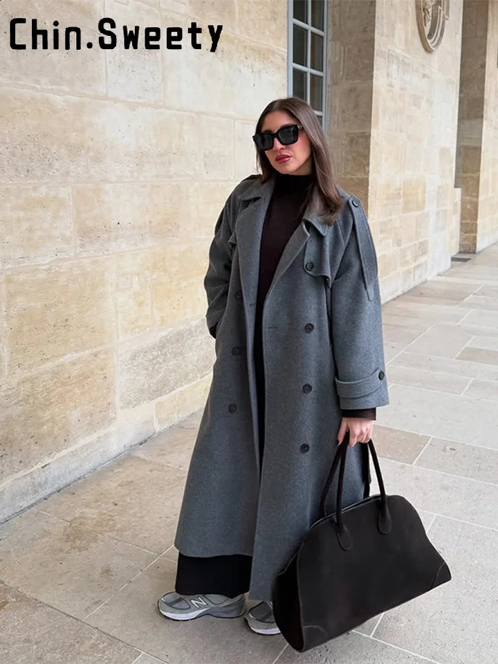 Elegant Grey Lapel Long Woolen Coats Women Buttons Double Breasted Pocket Lace Up Coat Autumn Winter Lady Thick Jackets 250826