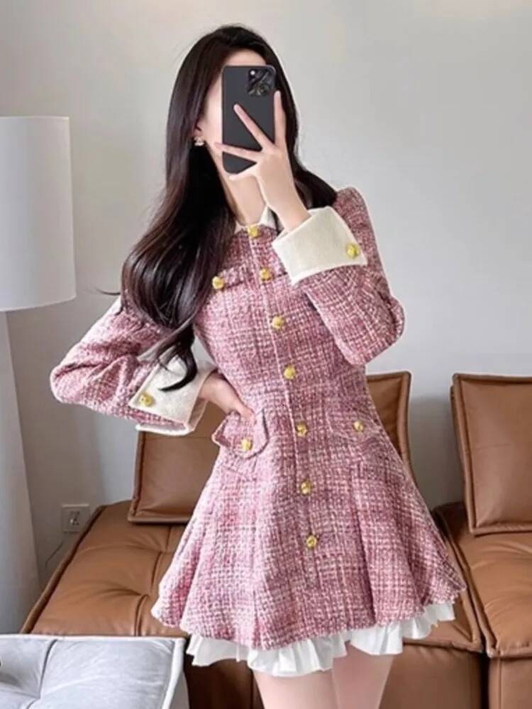 Autumn Plaid Patchwork Tweed Short Dress Women Small Fragrance Single Breasted A-line Pleated Vestidos Elegant Party Prom Mujer dongdumaoyi