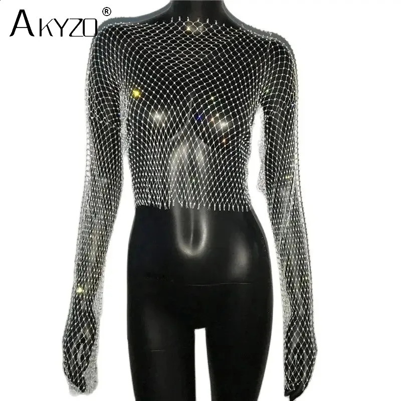 Autumn Women Sexy See Through Fishnet T Shirt Glitter Rhinestone Hollow Mesh Long Sleeve Crop Tops Nightclub Party Festival Top250826