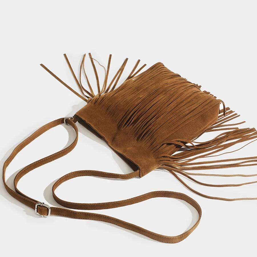 Designer Bags Vintage Suede Tassel Crossbody Bags, Women's Versatile Shoulder Bag, Boho Style Fringe Square Purse, Handbags For Daily Travel Luxu