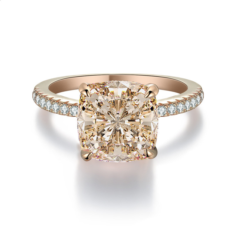 925 Sterling Silver High Carbon Diamond 5 Carat Fat Square Morganite Pink Diamond Ring Highend Silver Jewelry Wedding Ring for Women