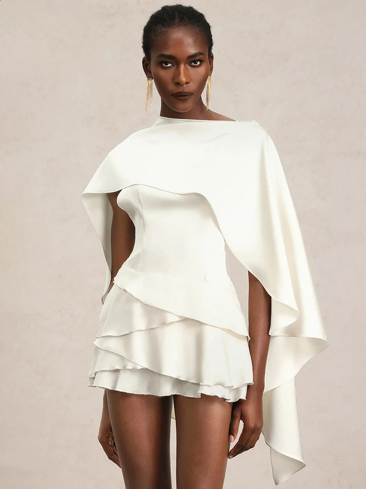 Mozision Shawl Sleeve Ruffle Sexy Mini Dress Women Robe Fashion Solid Laceup Backless Club Party Dress Female Elegant Dressesww250826