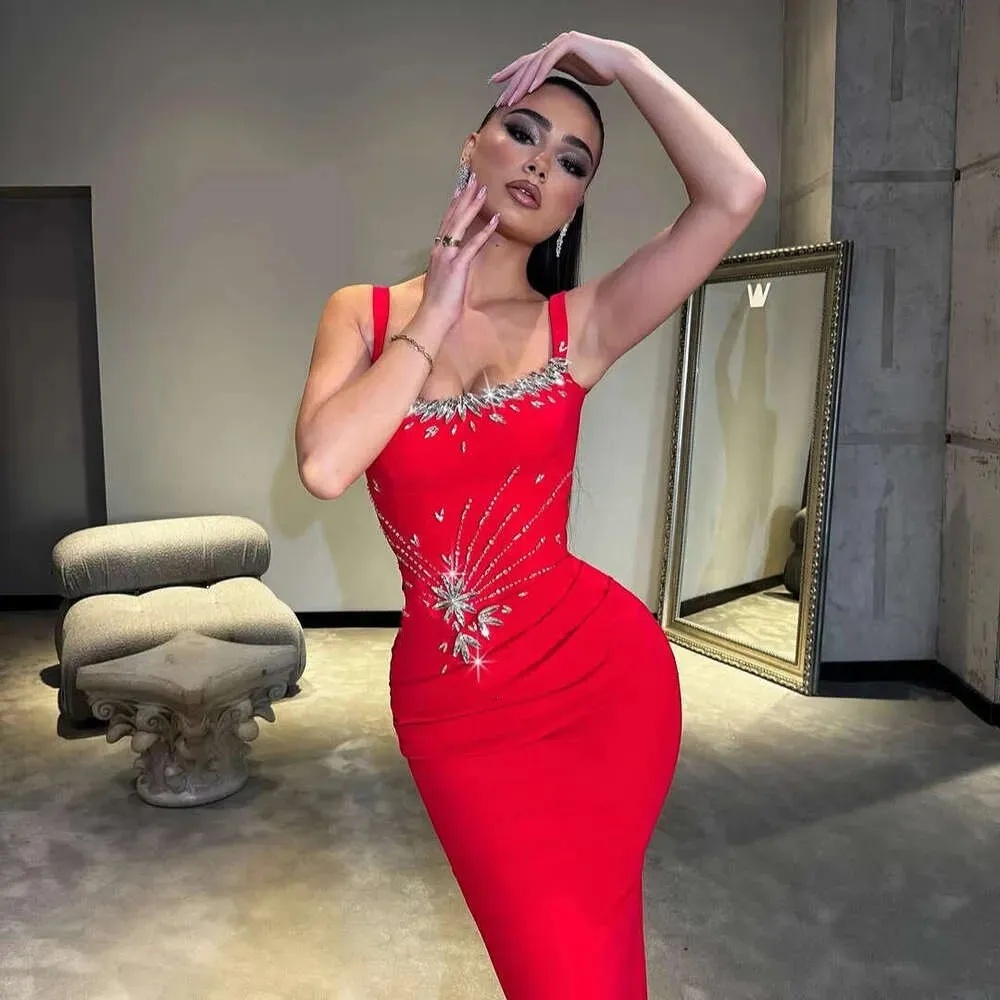 Aso Ebi Red Mermaid Prom Dress Pearls Crystals Beading Spaghetti Straps Evening Formal Party Second Reception Birthday Engagement Gowns Dresses Robe D