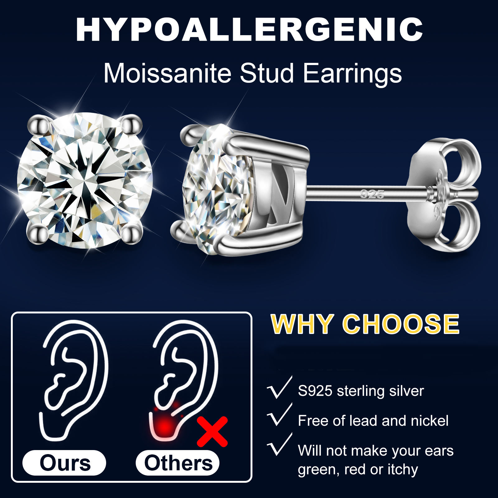 MT 1ct/2ct/3ct Classic Four-prong Mossanite Earrings for Women Men Premium Jewelry with Rhodium-plated 925 Sterling Silver Luxurious VVS Diamond Earri