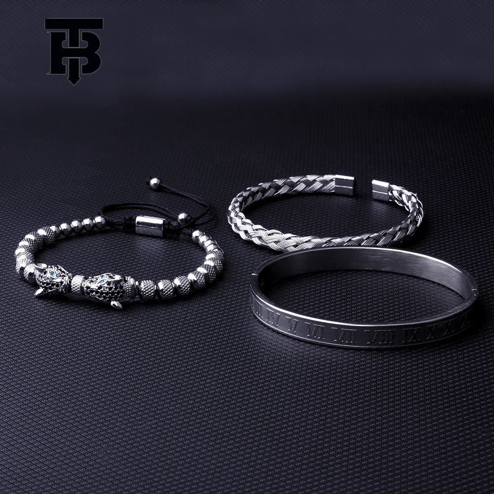Designer jewelry wedding rings Wholesale European and American Retro Double Leopard Head Woven Bracelet Roman Letter Stainless Steel Mesh Open Bangle