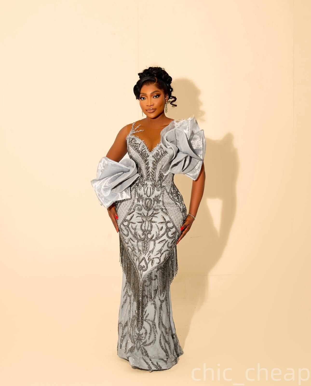 Mermaid Silver Prom Dresses 2025 Beaded Tassels Flowers Sequined Evening Formal Party Second Birthday Engagement Gowns Plus Size Dress For Special Occ