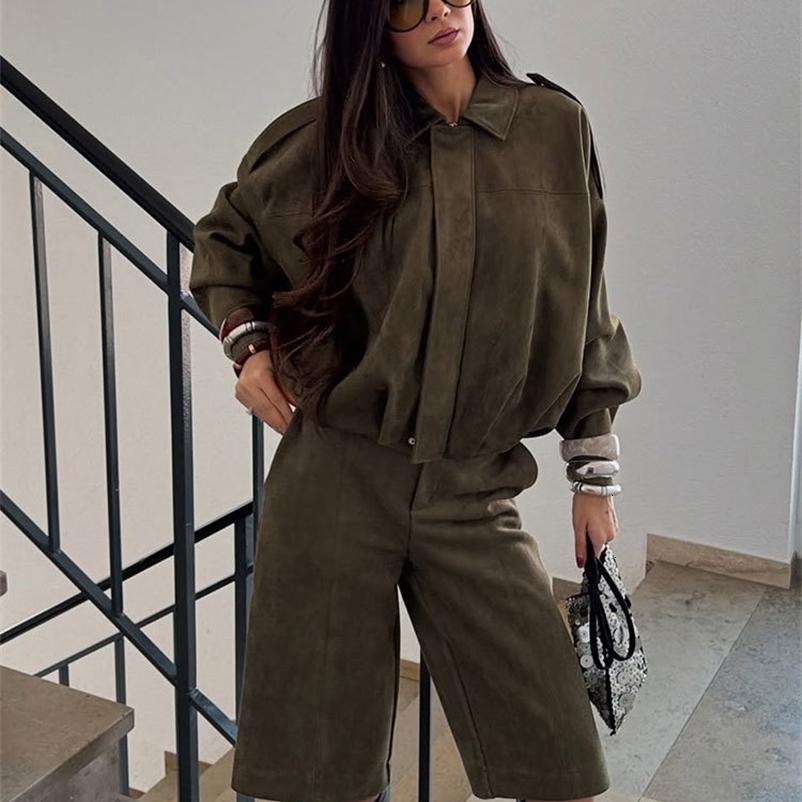 TRAFZA Women Brown Green Suede Jacket Loose Casual Bomber Coat Lapel Zipper Long Sleeve Jackets Vintage Lady Motorcycle Outwears 250827