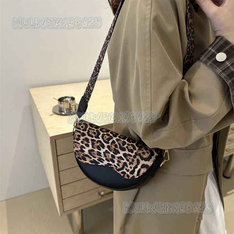 Spliced Design Simple Style Trendy Casual Winter Large Capacity Wide Shoulder Strap Leopard Print Single Shoulder Crossbody Saddle Bag for Women H2508