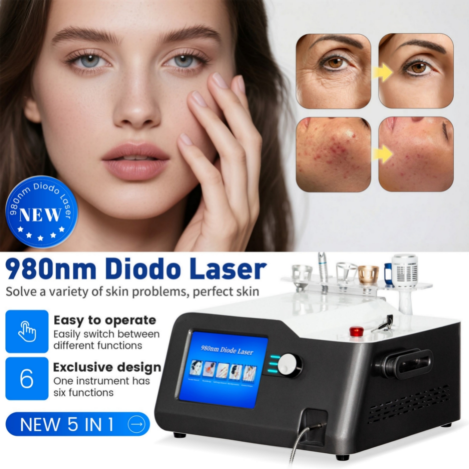 Multifunction 980nm Laser Machine For Red Vein Removal Fungus Treatment Eczema Relief Skin Care And Cold Hammer Cooling Beauty Spa