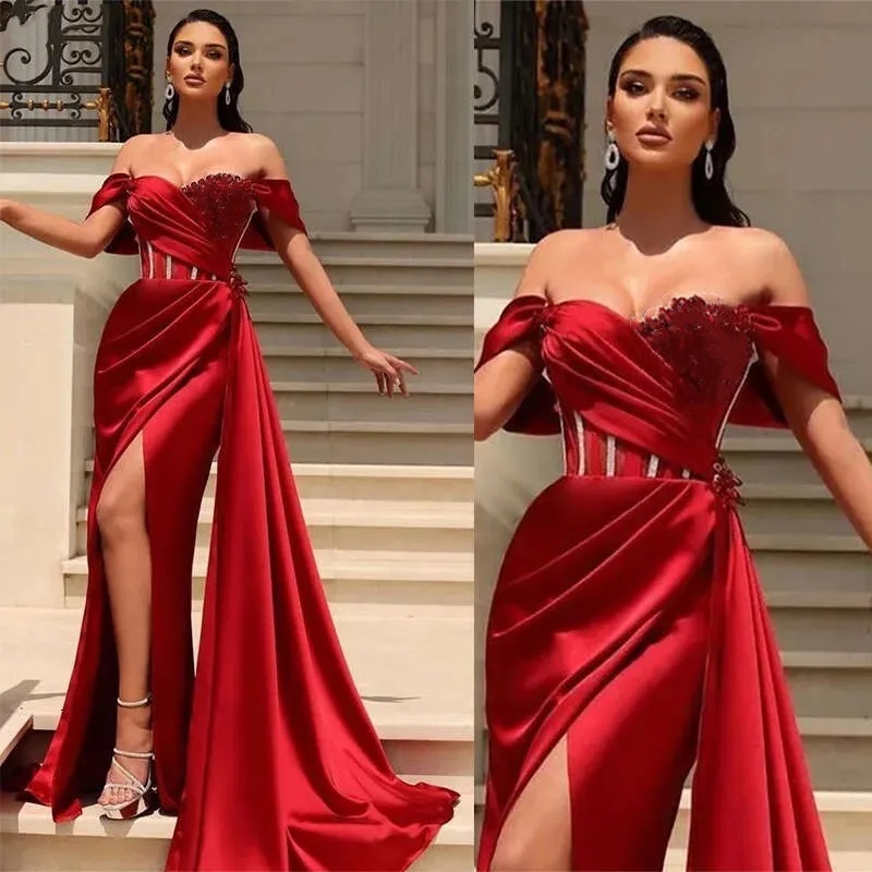 Arabic Dubai Burgundy Evening Dresses for Party Off Shoulder Satin Beaded Side Split Pleats Engagement Prom Gowns Vestido Novia