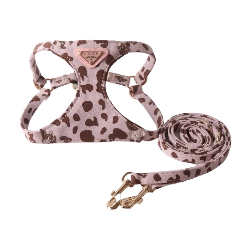 Pet Clothing Cow Pattern Triangle Nameplate Harness Set Double Hook Leash for Small and Medium Dogs Cats Outdoors Everyday Outfits Breathable Mesh Ves
