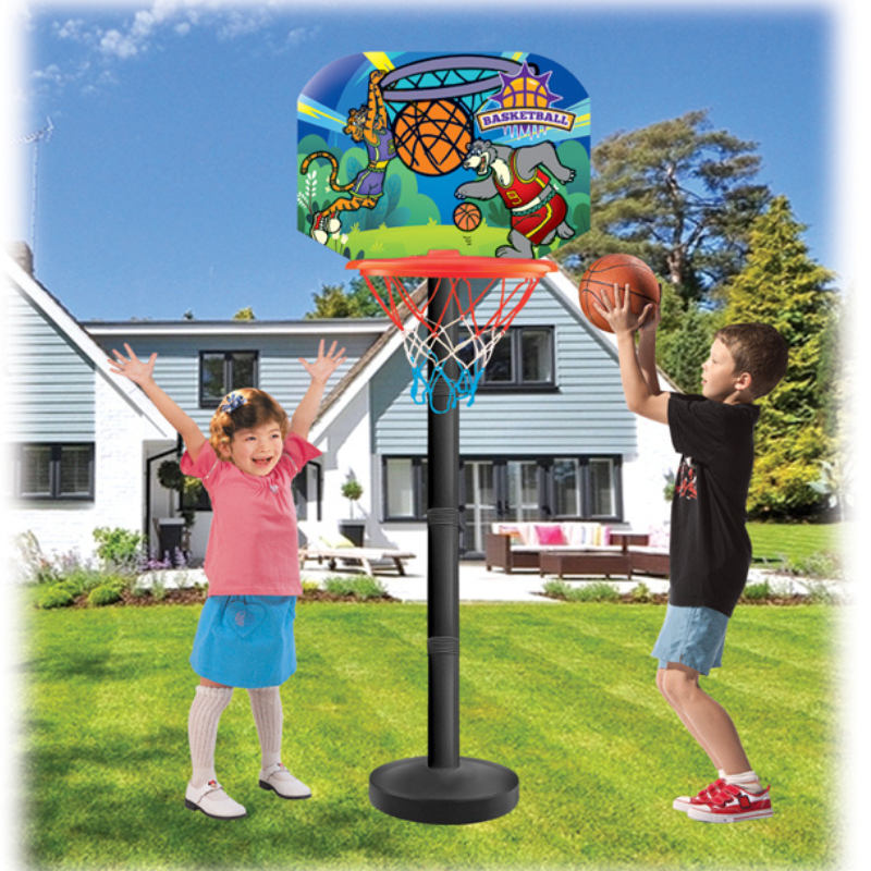 Kids Adjustable Basketball Hoop Set - Cartoon Tiger & Bear Design, with Ball and Pump