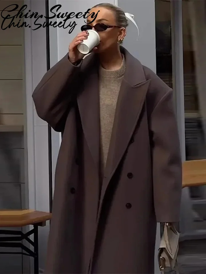 Urban Women Wool Long Coat Casual Full Sleeve Lapel DoubeBreasted Female Coats Autumn Winter Casual Lady Streetwear 250901