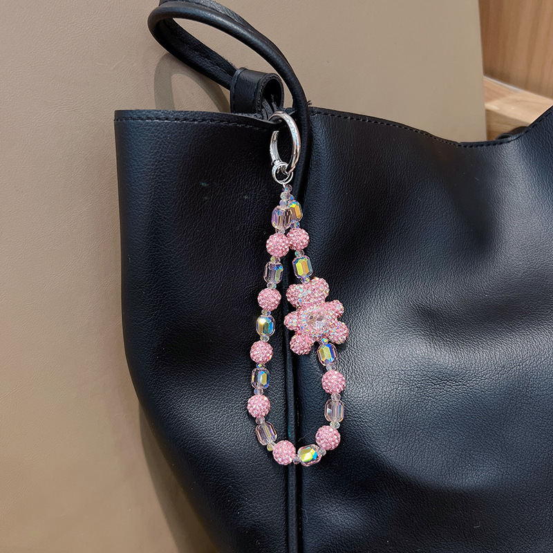 Strawberry Bead Bag Charm Bear Crystal Bracelet Key Chain Wristlet Car KeyChain Hand Woven Cord Sports Beaded Keychains Pearl Chain Leather Sherina Pu