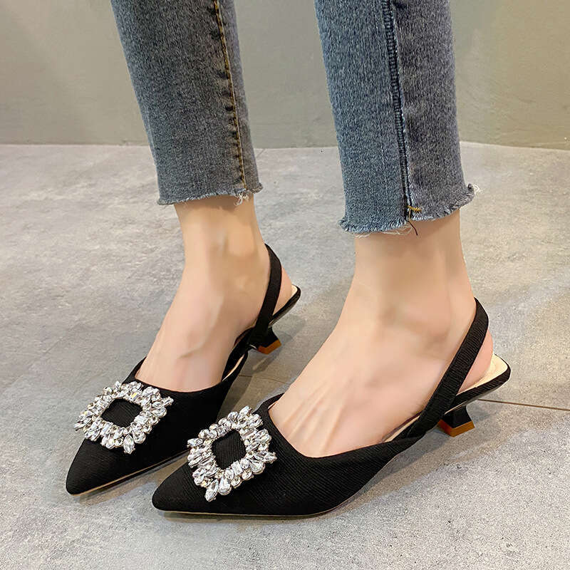 DHGargets 2023 Autumn Women's Low Heel Sandals, Pointed Toe Open-Back Dress Shoes with Rhinestones, Patent Leather Slip-On Pumps