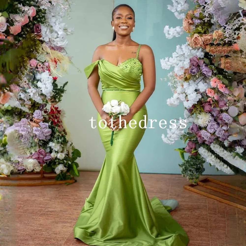 Glitter Green Mermaid Prom Dresses Sexy Strapless Sleeveless Beading Junior Bridesmaid Dresses Plus Size Formal Party Gowns Custom Made