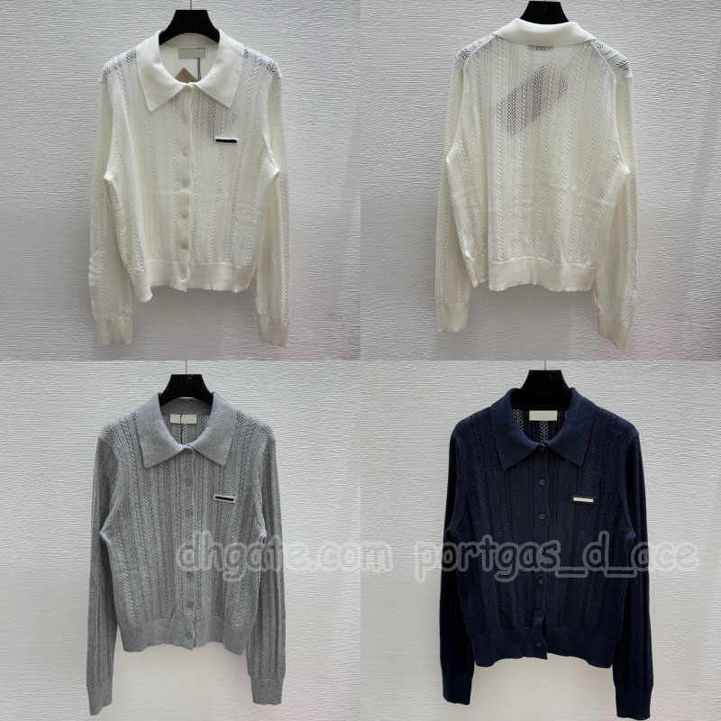 Luxury Buttons Women Cardigan Sweaters Designer Long Sleeve Lapel Hollow Knits Tops Summer Autumn Elegant Vacation Knitted Blouse