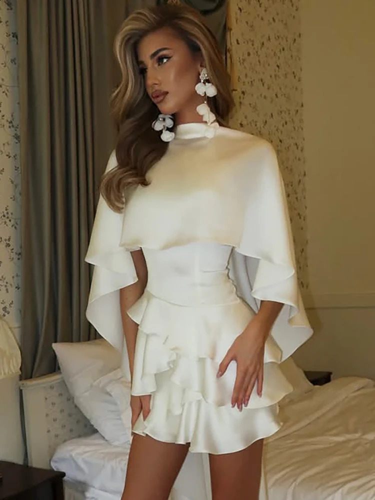 Mozision Shawl Sleeve Ruffle Sexy Mini Dress Women Robe Fashion Solid Laceup Backless Club Party Dress Female Elegant Dressesww250826