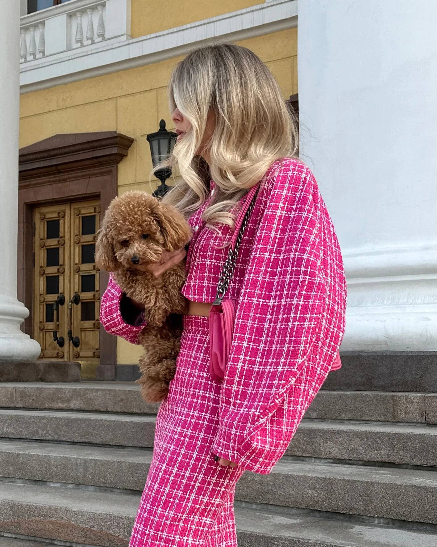 Fashion Grid Outfit Spring Women Single Breasted O Neck Coat+High Waist Straight Knee Length Skirt Autumn Two Piece Set dongdumaoyi