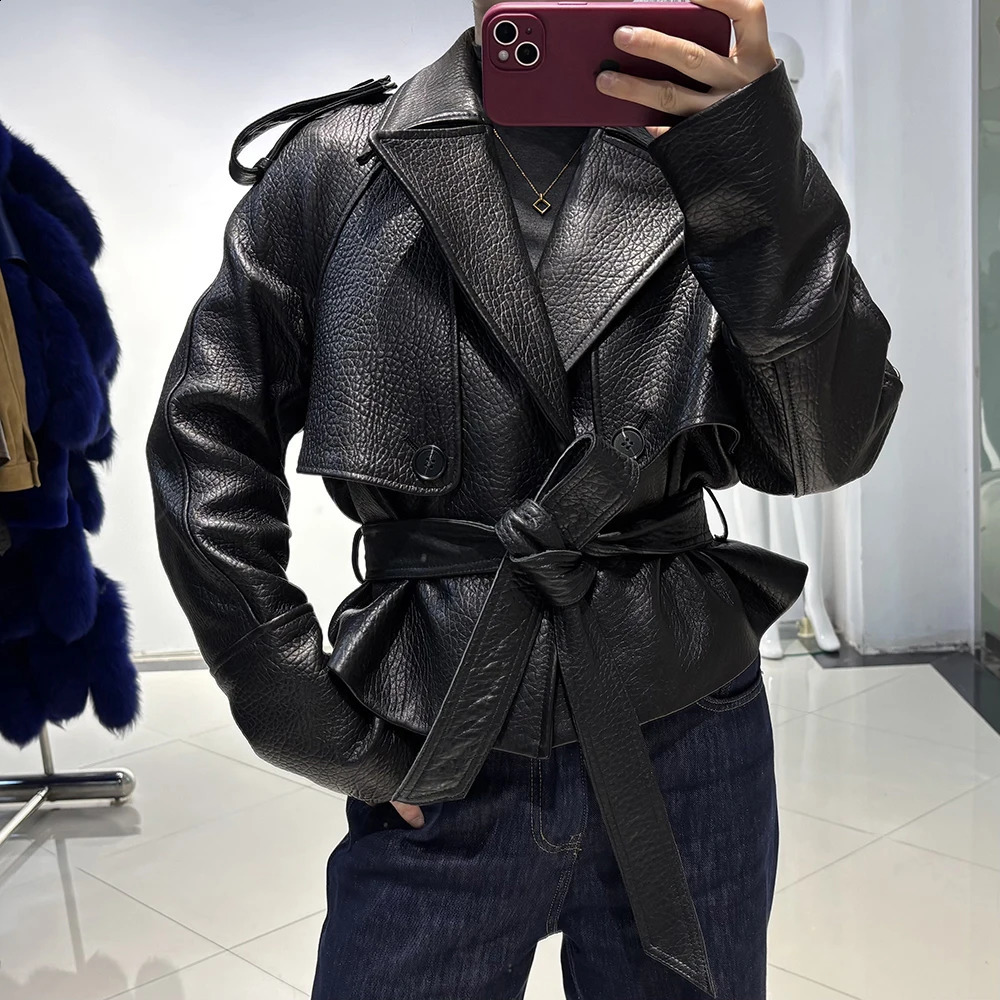 YOLOAgain Real Leather Jacket Women Burgundy Grain With Belt 250826