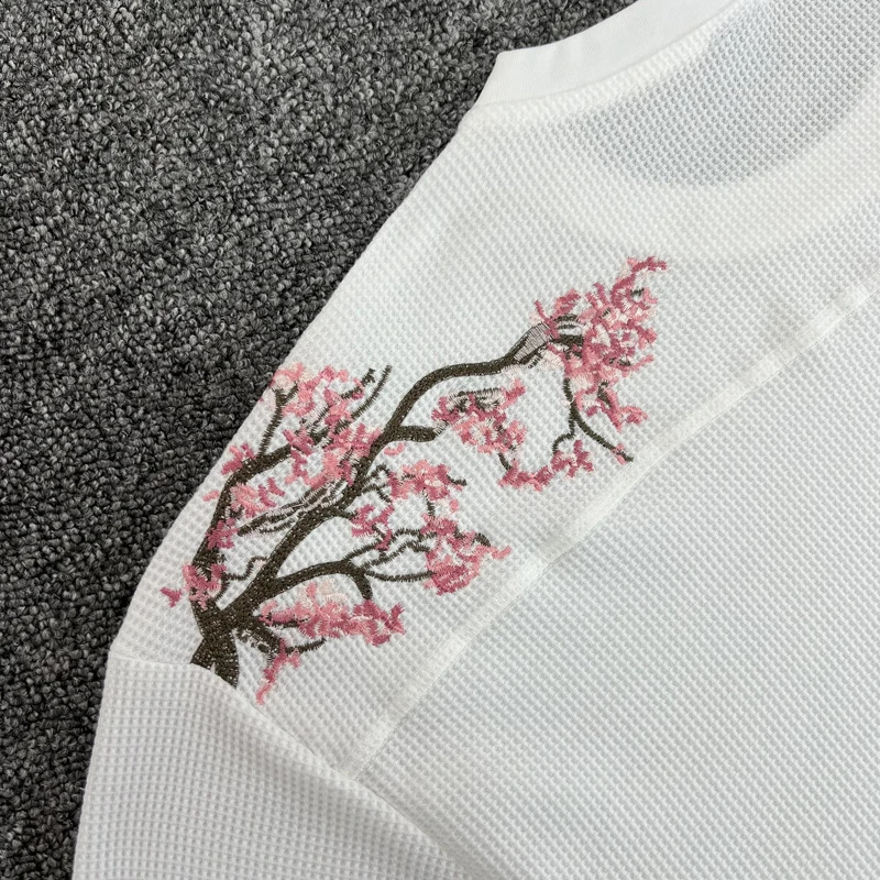 Waffle Long Sleeve Embroidery Sakura Derschutze Blossom T Shirt Men Women Casual Loose High Quality Breathe Tshirt Clothes 250826