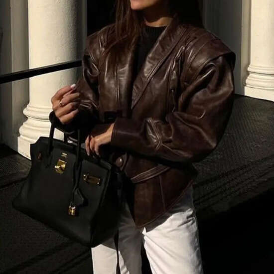 2024 New Versatile Faux Leather Jacket With Tie V-Neck Street Fashion