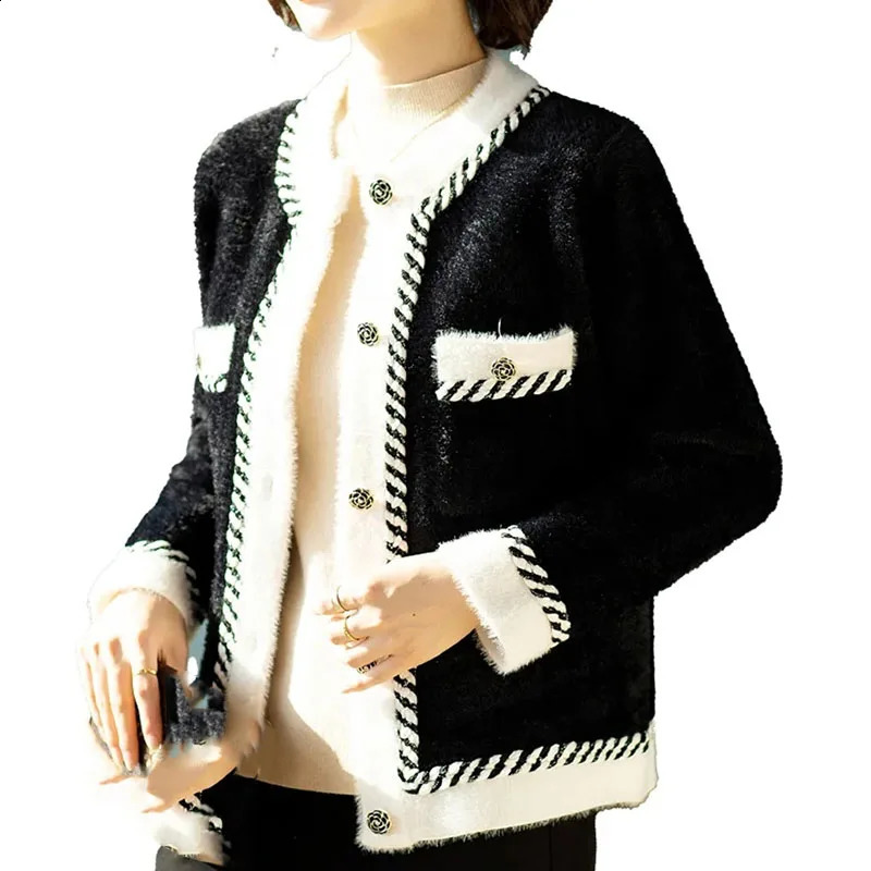 Autumn Winter Lady Round Neck Mink Fur Coat Women Color Collision Knitted Cardigan 2024 Female Long Sleeves Sweater y250827