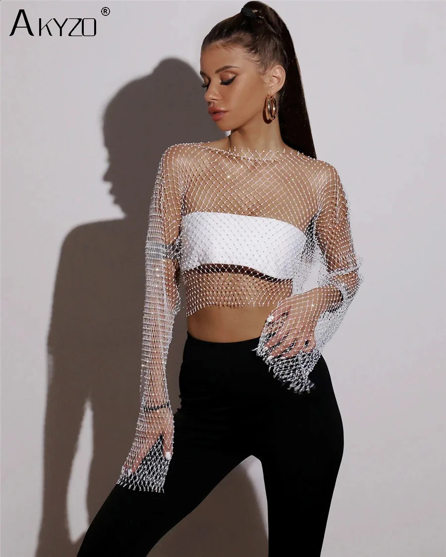 Autumn Women Sexy See Through Fishnet T Shirt Glitter Rhinestone Hollow Mesh Long Sleeve Crop Tops Nightclub Party Festival Top250826