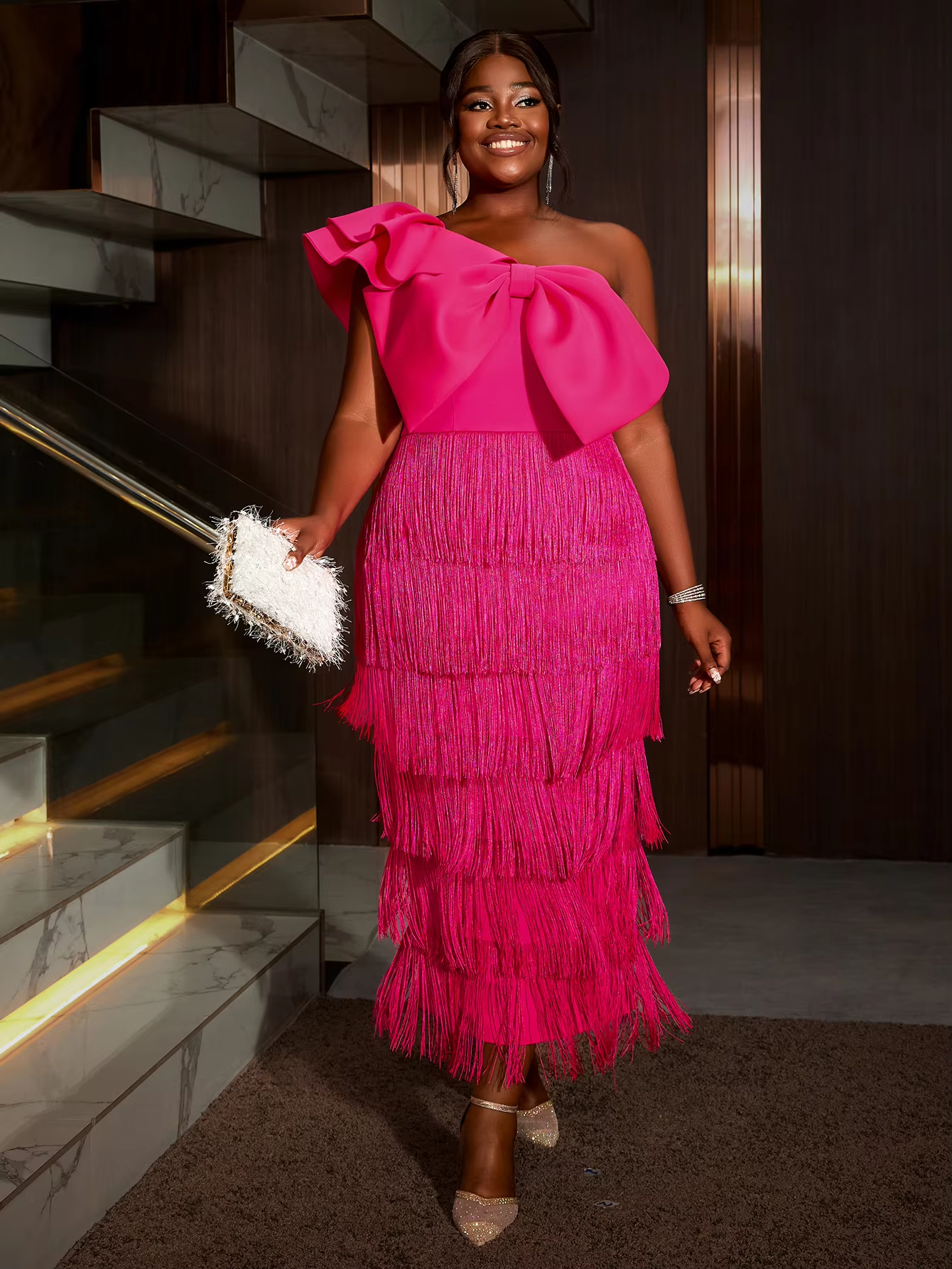 AOMEI Evening Long Gown Large Bow Tassel One Shoulder Short Ruffle Sleeve Plus Size Dress AM041017