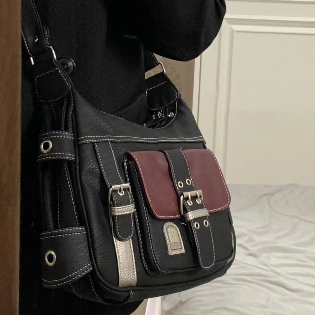 Autumn New Vintage Personalized Soft Leather Y2K Spicy Girl Motorcycle Bag Color blocked Single Shoulder Horizontal Bag Fashion Designer Single Should