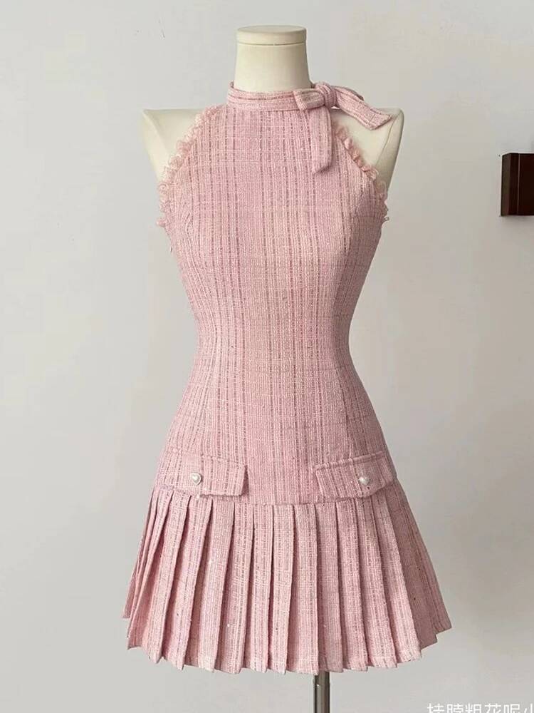 Elegant French Small Fragrant Halter Frocks Robe Tide Patchwork Bow Slim Girl Sweet Fashion A-Line Mini Dress dongdumaoyi