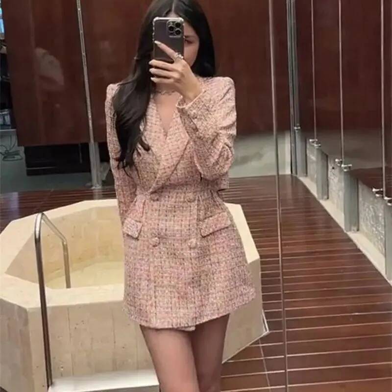 Korean Elegant Women Weave Plaid Tweed Mini Autumn Winter New Fashion Double Breasted Office Lady Slim Party Dress 344P dongdumaoyi