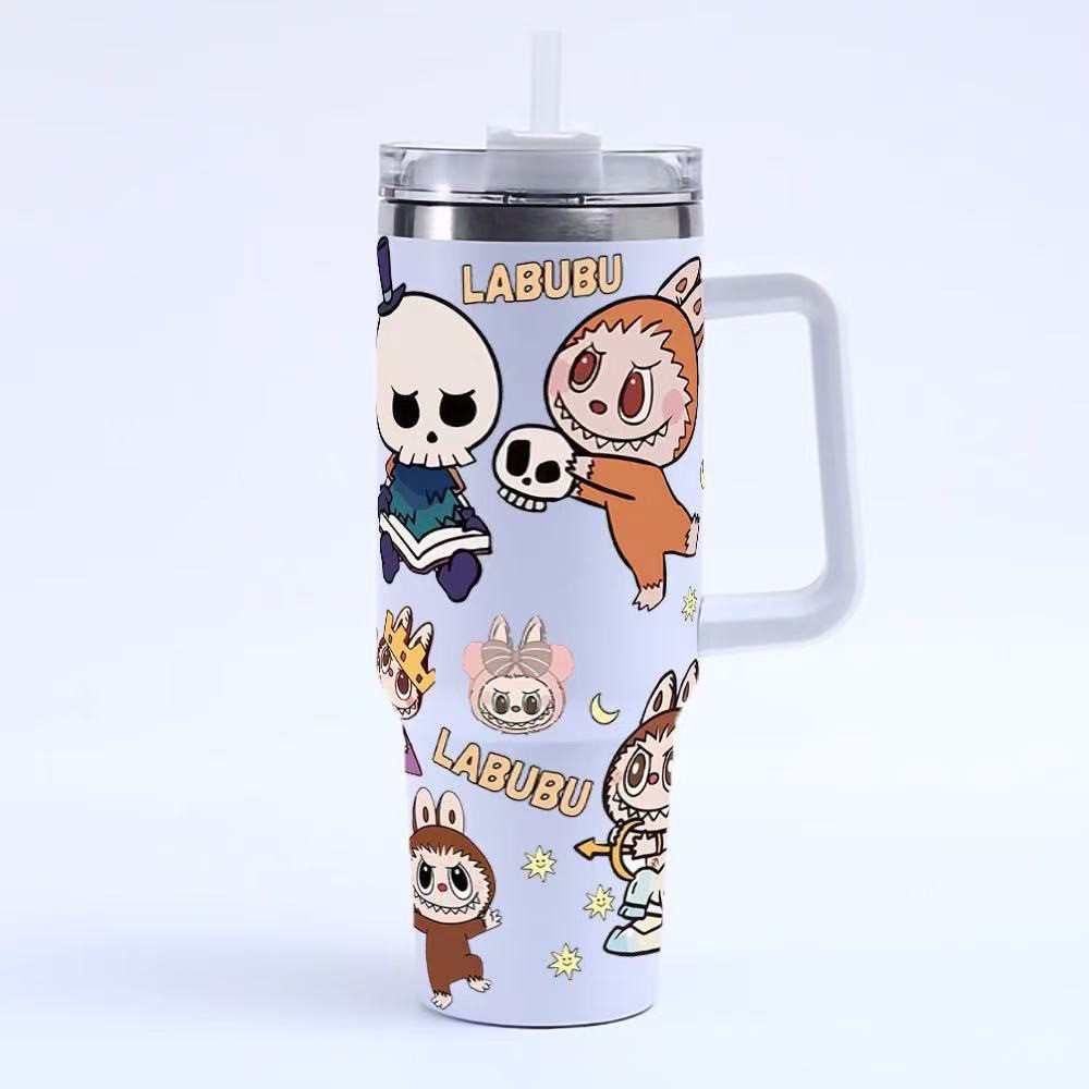 Large Capacity Stylish Labubu Double-Walled Coffee Thermos for Students Cup with Straw Student Cup Large-Capacity Cup for Men Women 304 Stainless Stee