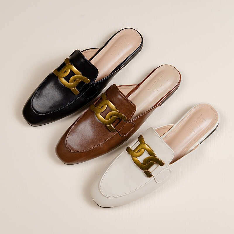 35-41 Designer Shoe Size 2025 Summer Flat Closed-Toe Lazy Mules with Metal Horsebit Half Slippers for Women Backless Outdoor Shoes