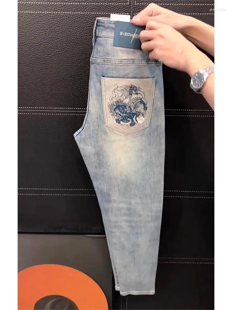 Jeans Maschile Elel Slim Fit Pantaloni Casual Elastici Casual Leggero Ricami Di…