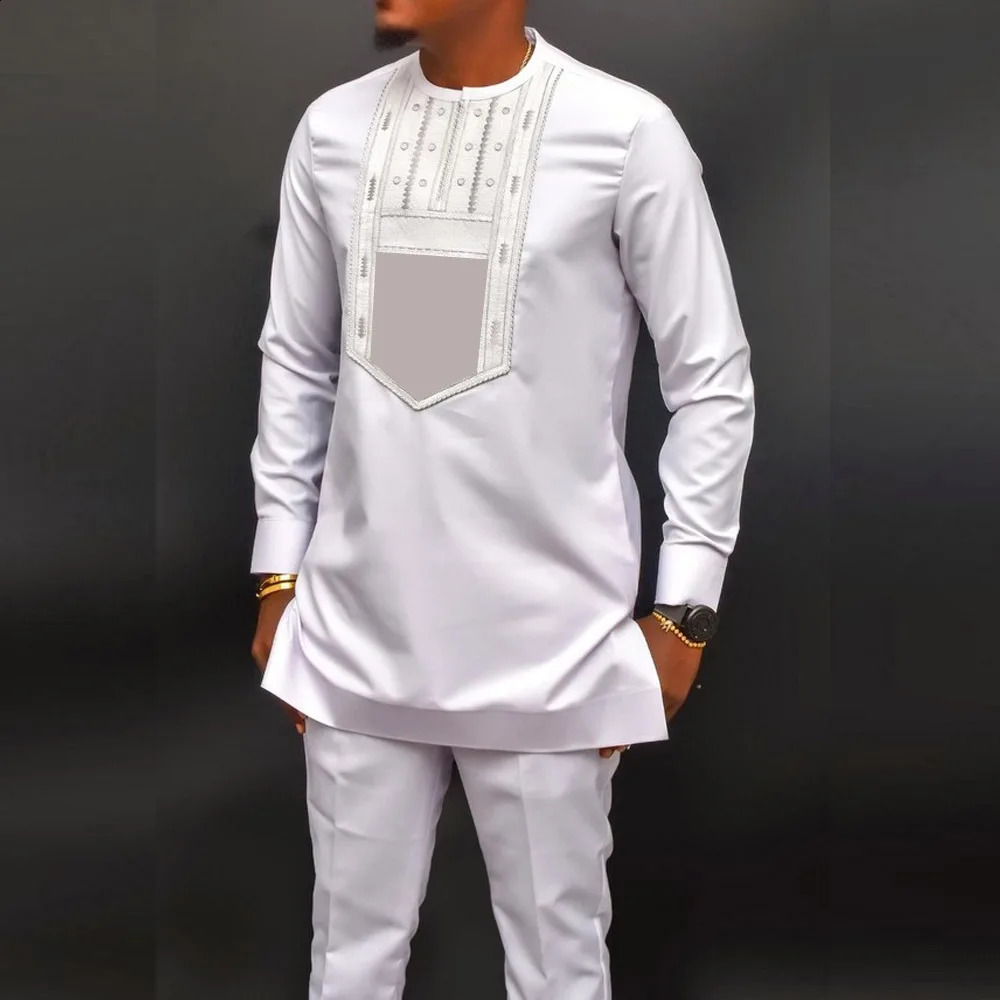 Kaftan Mens Set African Clothing Men Suit Solid Color Embroidered Top and Sweatpant 2Pcs Festive Wedding Simple 250826