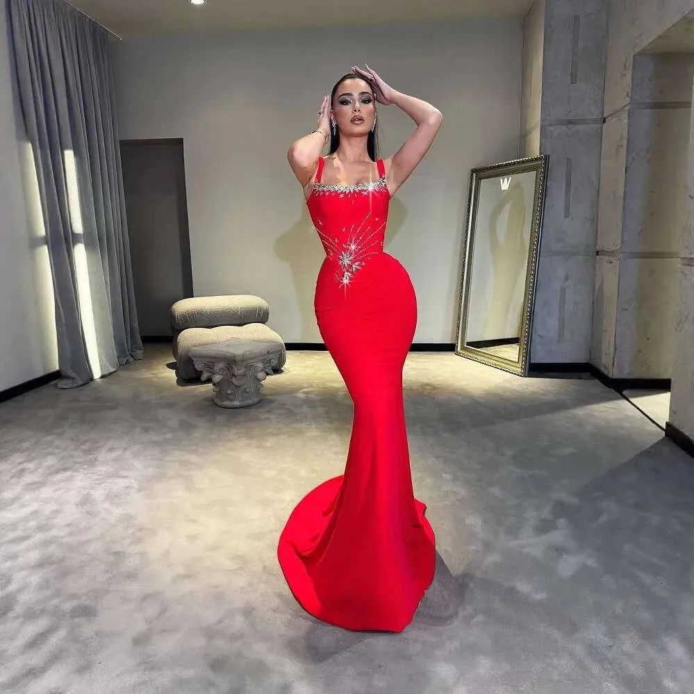 Aso Ebi Red Mermaid Prom Dress Pearls Crystals Beading Spaghetti Straps Evening Formal Party Second Reception Birthday Engagement Gowns Dresses Robe D