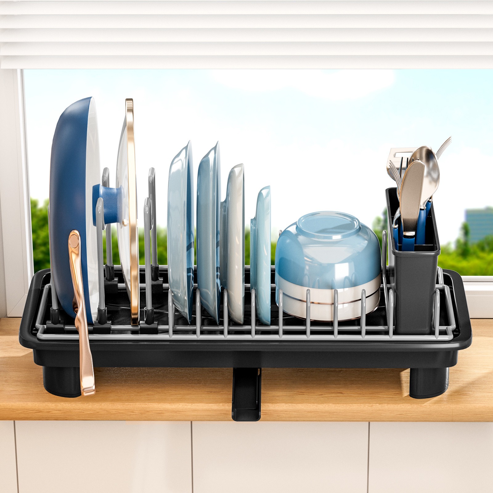 ICEDOG-Small Dish Drying Rack for Kitchen Counter, Compact 2-Tier Dish Drainer with Adjustable Utensil Holders