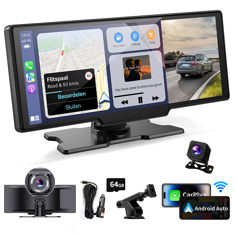 10.26 Inch Carplay & Android Auto Wireless Portable Carplay Screen for Car With 4K Dash Cam, Car Stereo With Touch Screen, Backup Camera,Bluetooth,GPS Navigation