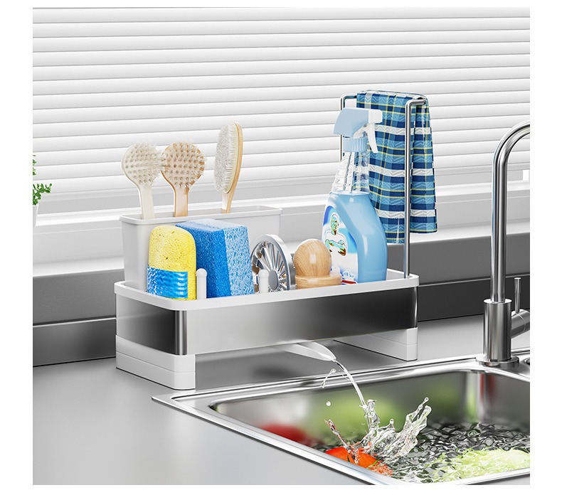 ICEDOG-Soap and Dishcloth Organizer,Removable Brush Holders,Sponge Holder for Kitchen Sink,Rustproof Stainless Steel Sink Caddy with Auto-Drain