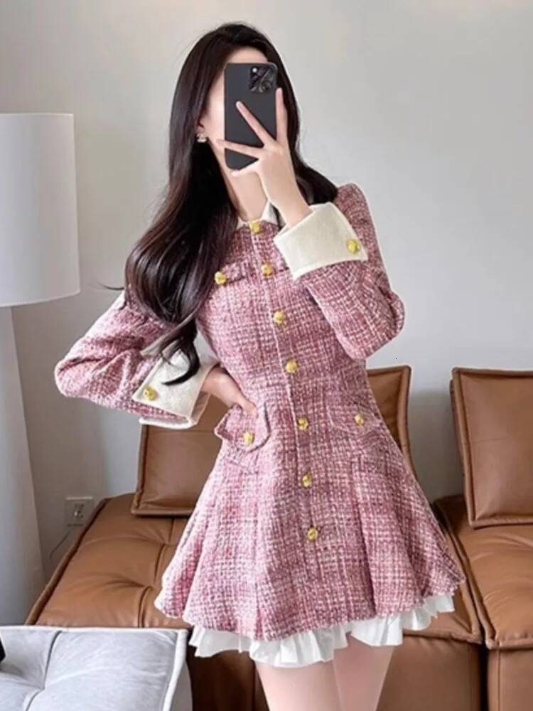 Autumn Plaid Patchwork Tweed Short Dress Women Small Fragrance Single Breasted A-line Pleated Vestidos Elegant Party Prom Mujer dongdumaoyi