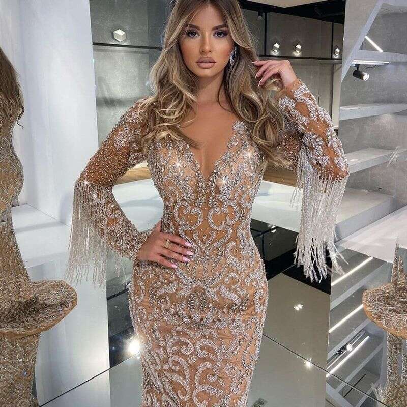 Sheer Neck Mermaid Prom Dresses Beading Sequined High Split Gowns Formal Mother Of The Bride Dress Evening Wear